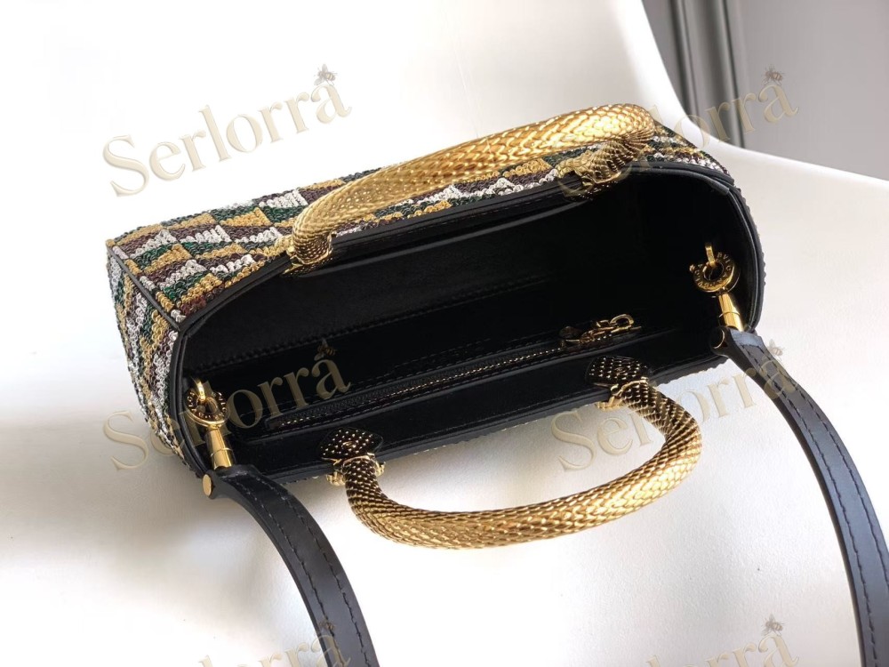 BVLGARI SERPENTINE DUO CRYSTAL-EMBELLISHED CALFSKIN TOP HANDLE BAG