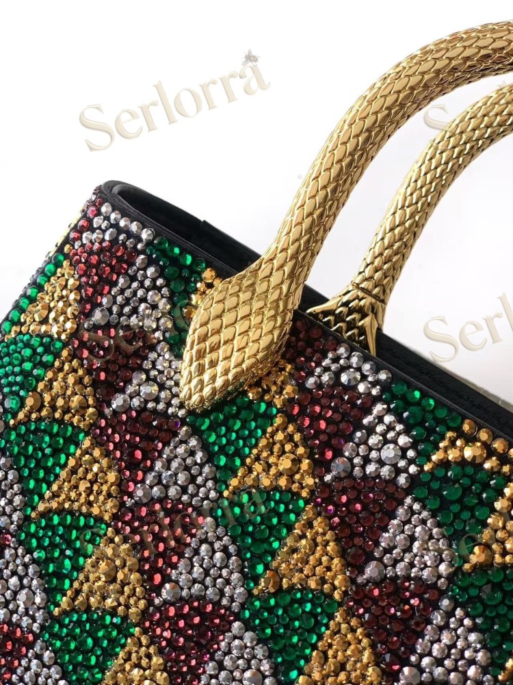 BVLGARI SERPENTINE DUO CRYSTAL-EMBELLISHED CALFSKIN TOP HANDLE BAG