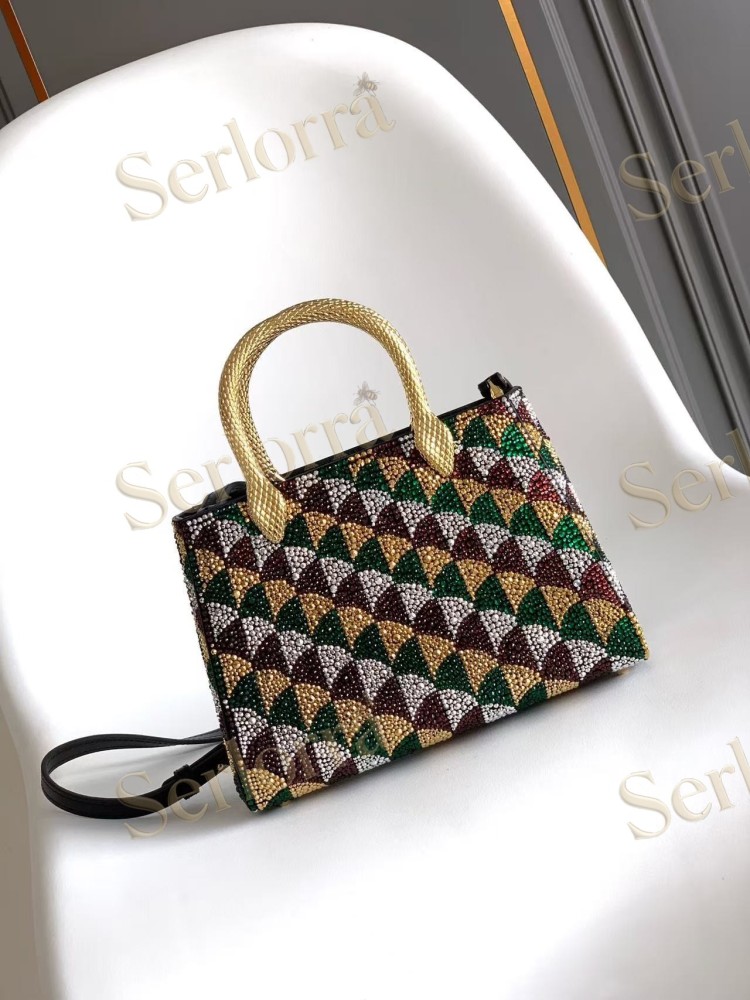 BVLGARI SERPENTINE DUO CRYSTAL-EMBELLISHED CALFSKIN TOP HANDLE BAG
