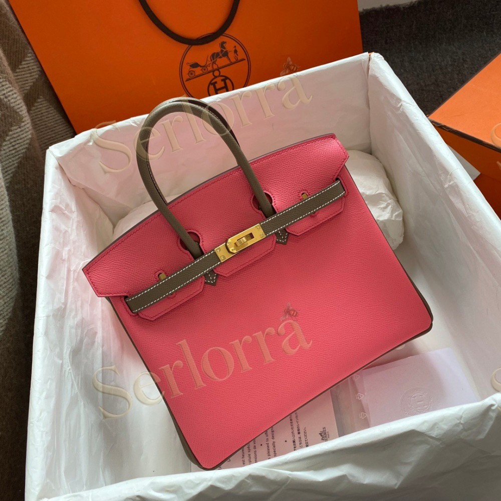 HERMES BIRKIN 25 SPECIAL ORDER (HSS) EPSOM LEATHER IN ROSE ROUGE (LIPSTICK PINK) & GRIS ETOUPE (ELEPHANT GREY) WITH GOLD HARDWARE