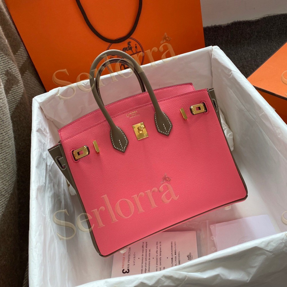 HERMES BIRKIN 25 SPECIAL ORDER (HSS) EPSOM LEATHER IN ROSE ROUGE (LIPSTICK PINK) & GRIS ETOUPE (ELEPHANT GREY) WITH GOLD HARDWARE