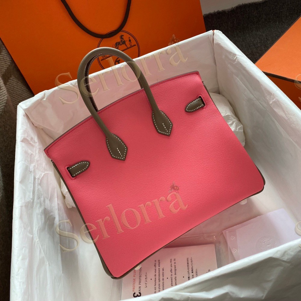 HERMES BIRKIN 25 SPECIAL ORDER (HSS) EPSOM LEATHER IN ROSE ROUGE (LIPSTICK PINK) & GRIS ETOUPE (ELEPHANT GREY) WITH GOLD HARDWARE