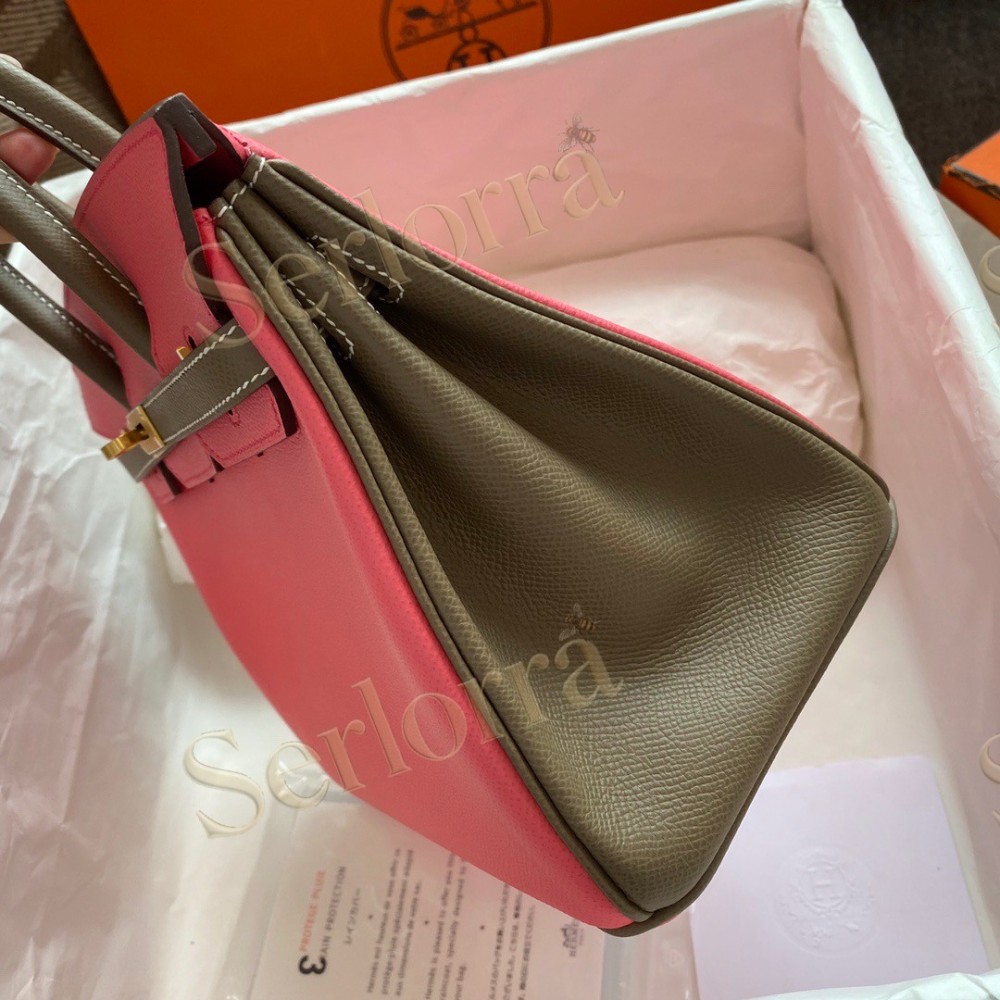 HERMES BIRKIN 25 SPECIAL ORDER (HSS) EPSOM LEATHER IN ROSE ROUGE (LIPSTICK PINK) & GRIS ETOUPE (ELEPHANT GREY) WITH GOLD HARDWARE