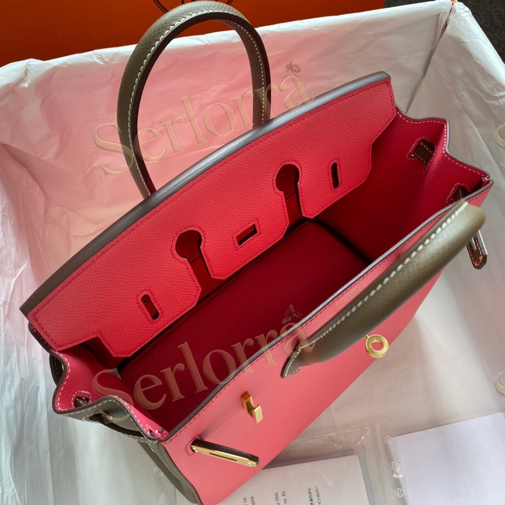HERMES BIRKIN 25 SPECIAL ORDER (HSS) EPSOM LEATHER IN ROSE ROUGE (LIPSTICK PINK) & GRIS ETOUPE (ELEPHANT GREY) WITH GOLD HARDWARE