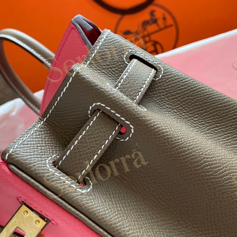 HERMES BIRKIN 25 SPECIAL ORDER (HSS) EPSOM LEATHER IN ROSE ROUGE (LIPSTICK PINK) & GRIS ETOUPE (ELEPHANT GREY) WITH GOLD HARDWARE