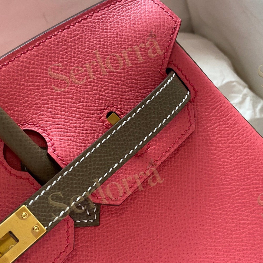 HERMES BIRKIN 25 SPECIAL ORDER (HSS) EPSOM LEATHER IN ROSE ROUGE (LIPSTICK PINK) & GRIS ETOUPE (ELEPHANT GREY) WITH GOLD HARDWARE
