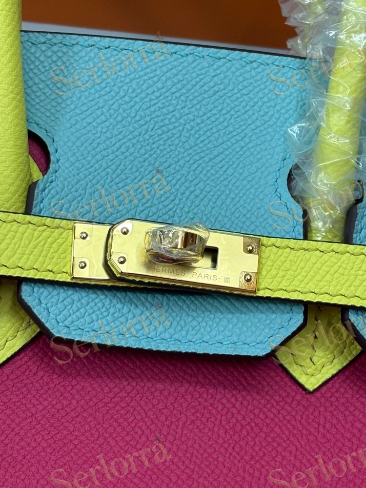 HERMES BIRKIN 25 SPECIAL ORDER (HSS) EPSOM LEATHER IN ROSE POURPRE (ROSE PURPLE) & BLEU ENCRE (INK BLUE) WITH GOLD HARDWARE