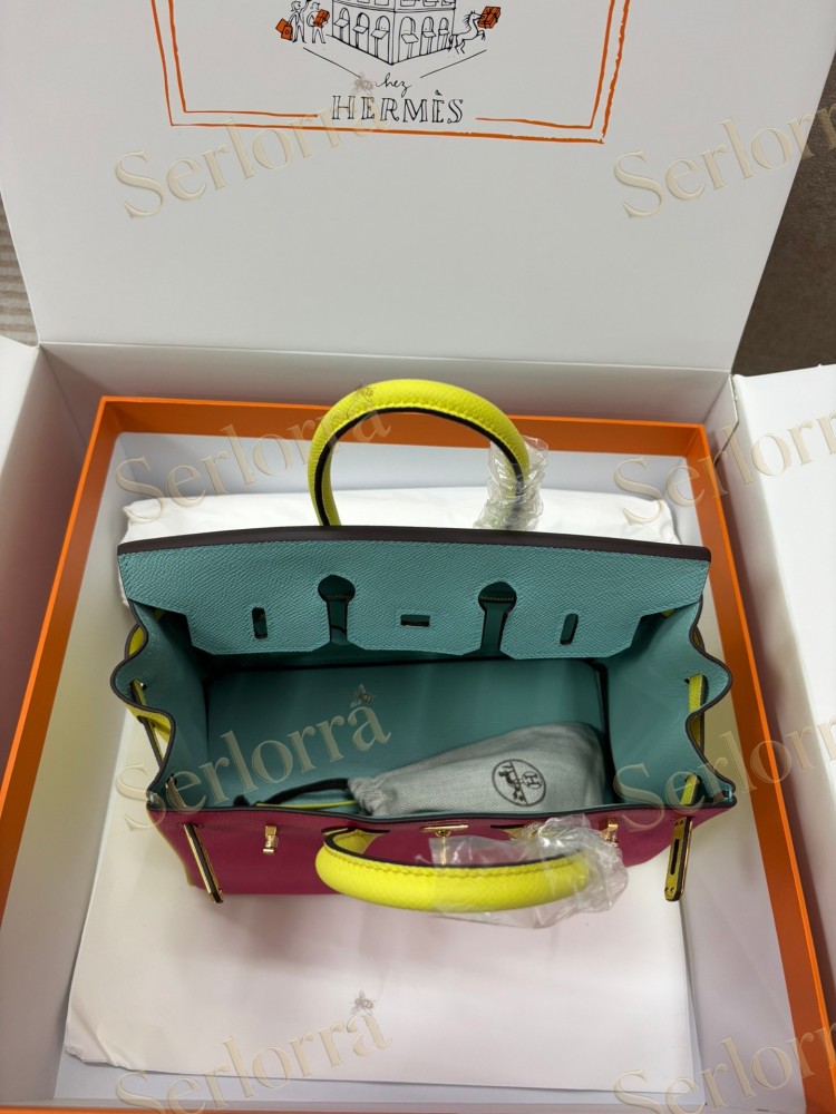 HERMES BIRKIN 25 SPECIAL ORDER (HSS) EPSOM LEATHER IN ROSE POURPRE (ROSE PURPLE) & BLEU ENCRE (INK BLUE) WITH GOLD HARDWARE