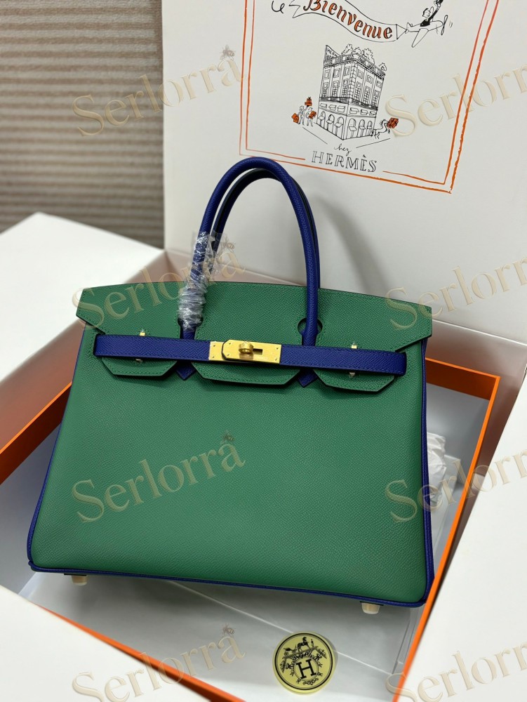 HERMES BIRKIN 35 EPSOM LEATHER IN VERT VERTIGO (PEACOCK GREEN) & BLEU THALASSA (SEA BLUE) WITH GOLD HARDWARE