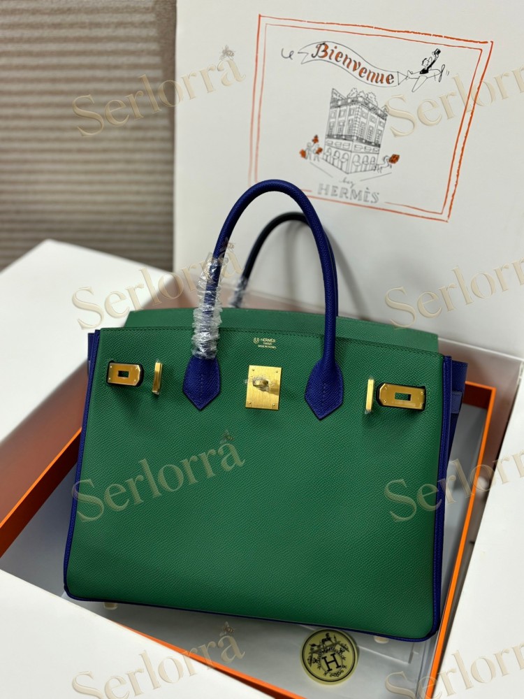 HERMES BIRKIN 35 EPSOM LEATHER IN VERT VERTIGO (PEACOCK GREEN) & BLEU THALASSA (SEA BLUE) WITH GOLD HARDWARE