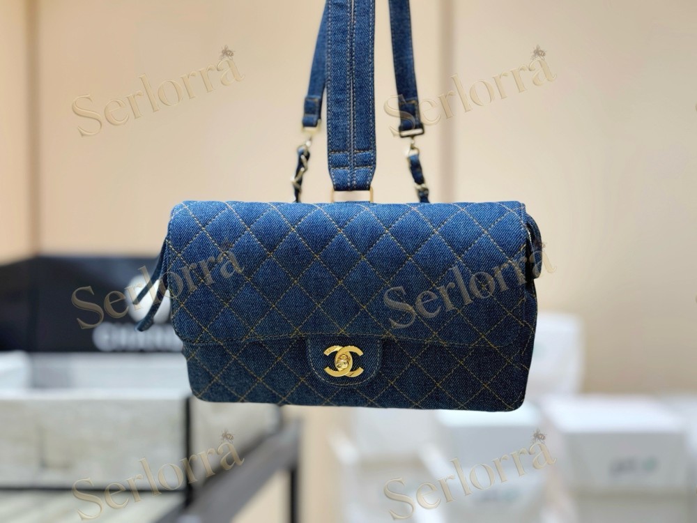 CHANEL MASTER VINTAGE DENIM QUILTED FLAP SHOULDER BAG WITH ADJUSTABLE WIDE STRAP