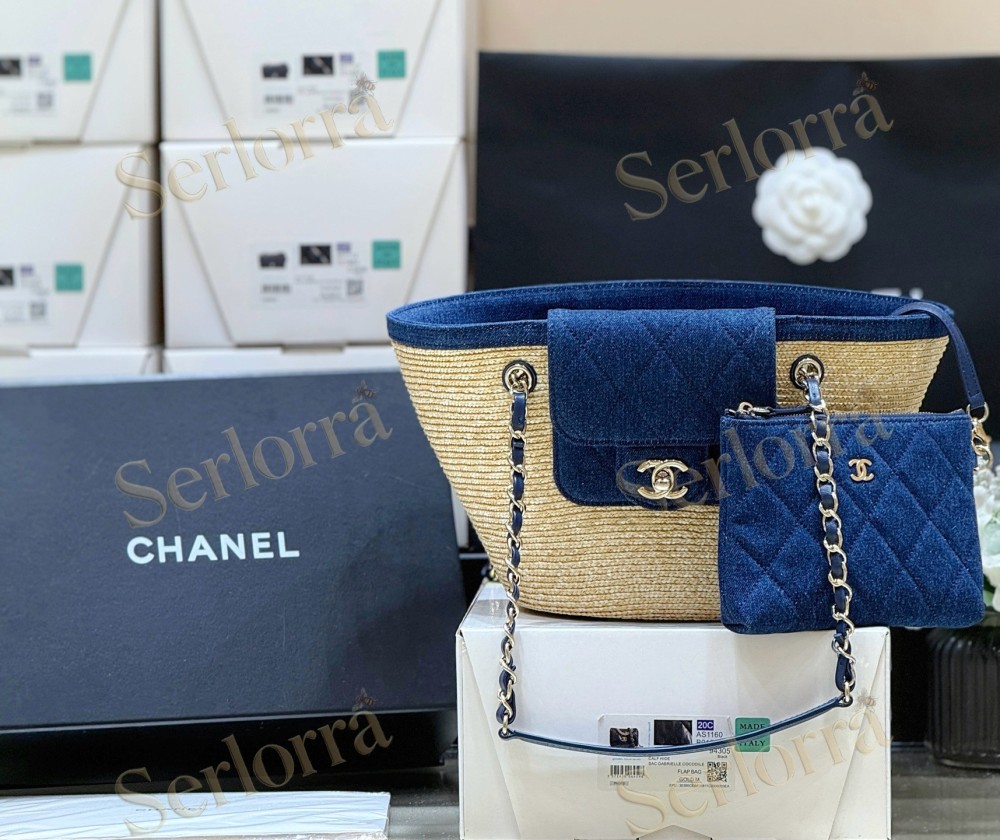 MASTER CHANEL RAFFIA DENIM SHOPPING TOTE