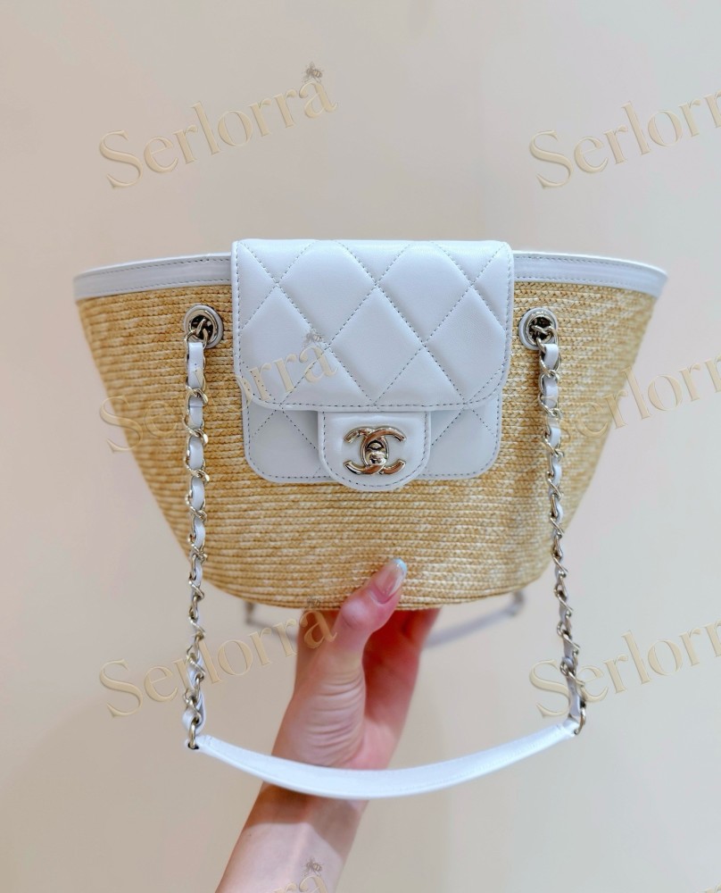 CHANEL MASTER SMALL RAFFIA WHITE LEATHER SHOPPING TOTE