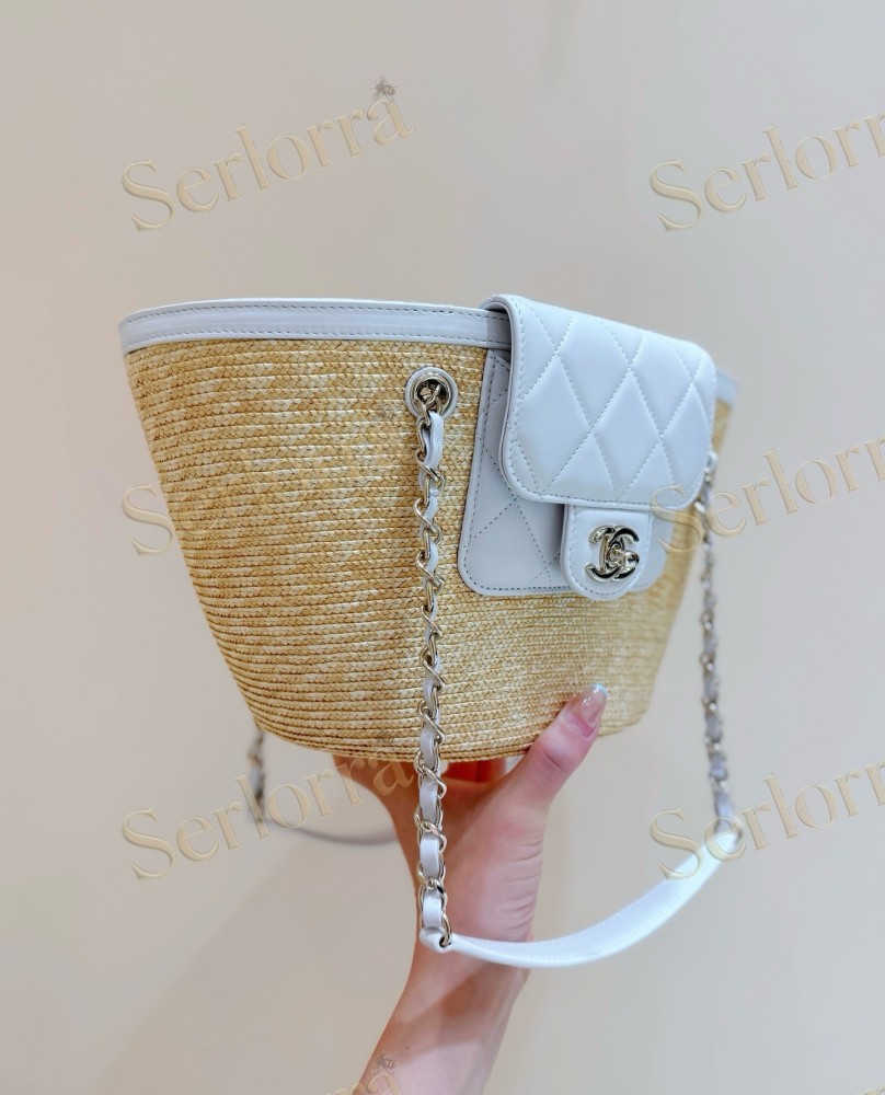CHANEL MASTER SMALL RAFFIA WHITE LEATHER SHOPPING TOTE