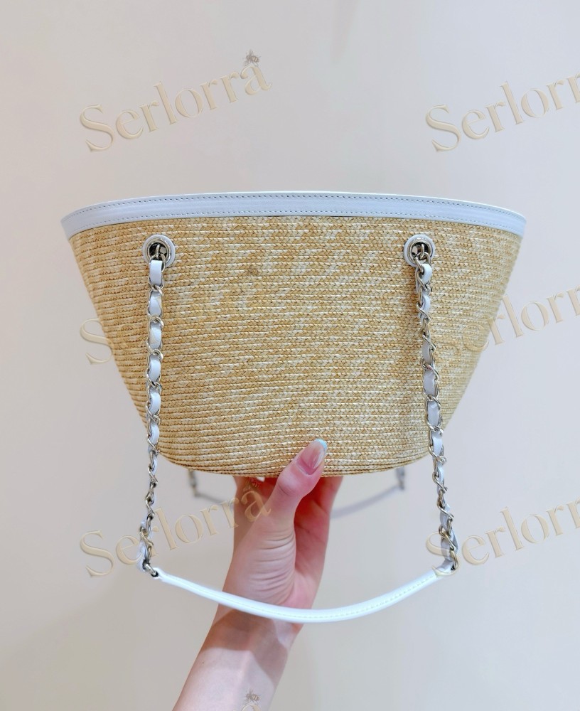 CHANEL MASTER SMALL RAFFIA WHITE LEATHER SHOPPING TOTE