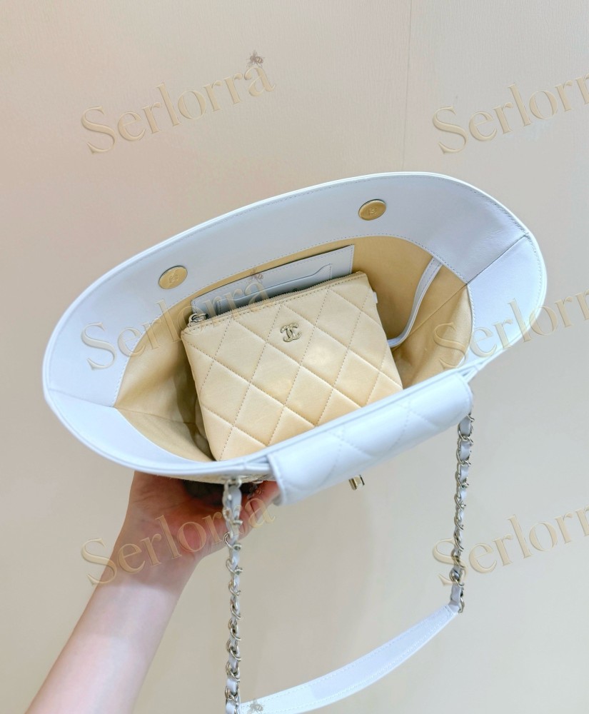 CHANEL MASTER SMALL RAFFIA WHITE LEATHER SHOPPING TOTE