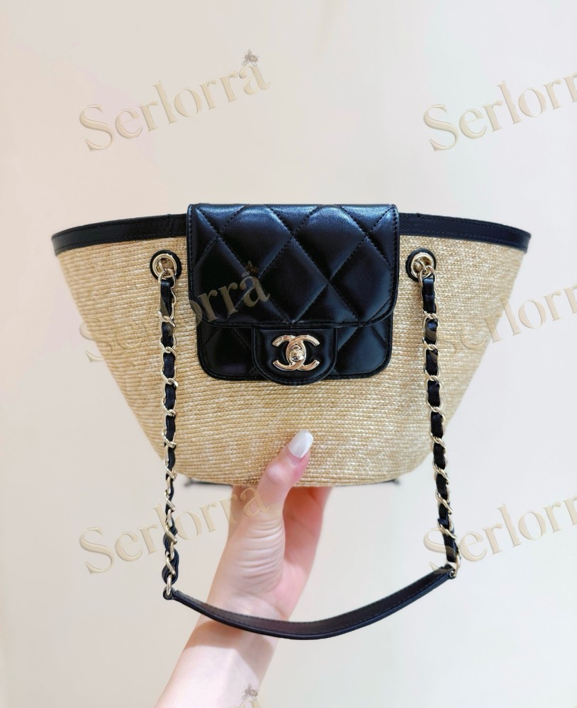 CHANEL MASTER SMALL RAFFIA BLACK LEATHER SHOPPING TOTE