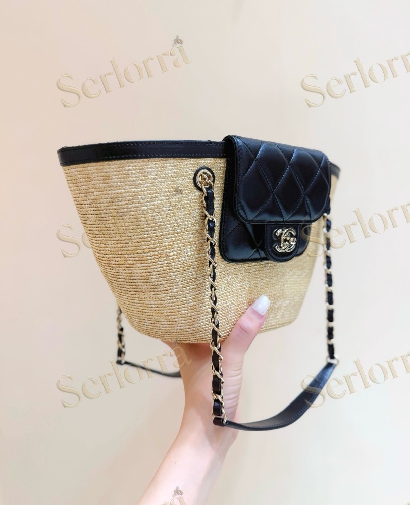 CHANEL MASTER SMALL RAFFIA BLACK LEATHER SHOPPING TOTE