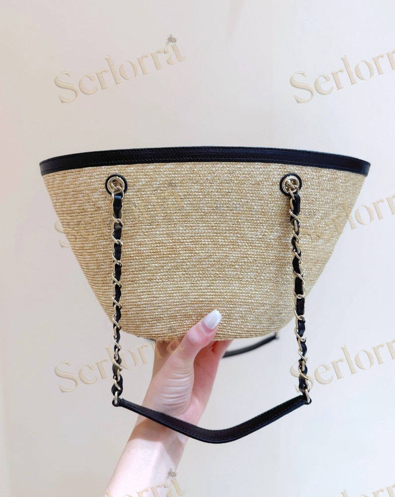 CHANEL MASTER SMALL RAFFIA BLACK LEATHER SHOPPING TOTE