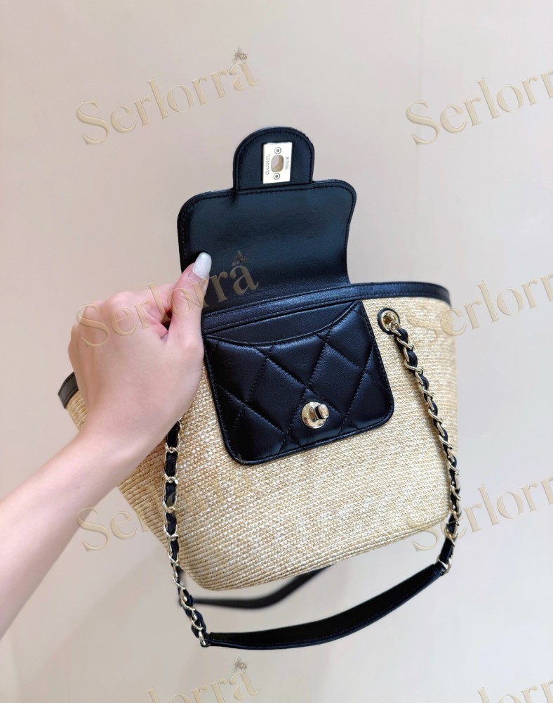 CHANEL MASTER SMALL RAFFIA BLACK LEATHER SHOPPING TOTE