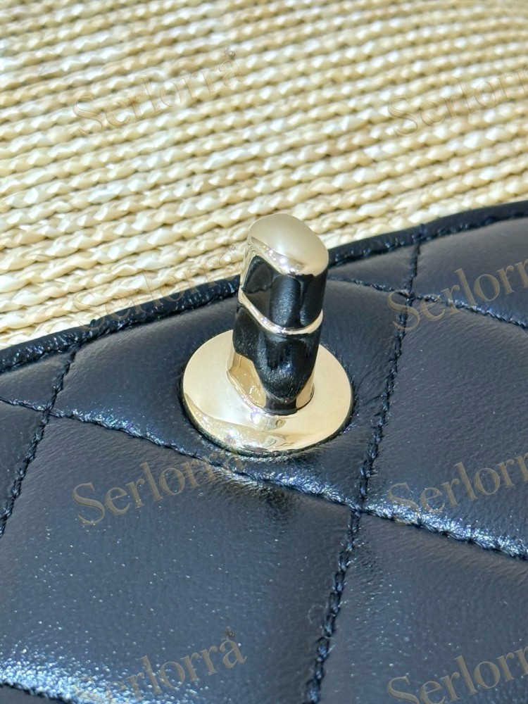 CHANEL MASTER SMALL RAFFIA BLACK LEATHER SHOPPING TOTE