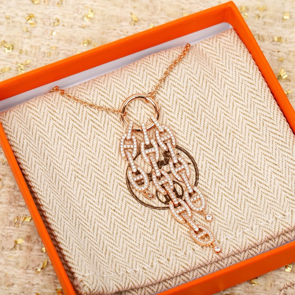 HERMES ROSE GOLD PAVED CRYSTAL H LINK NECKLACE