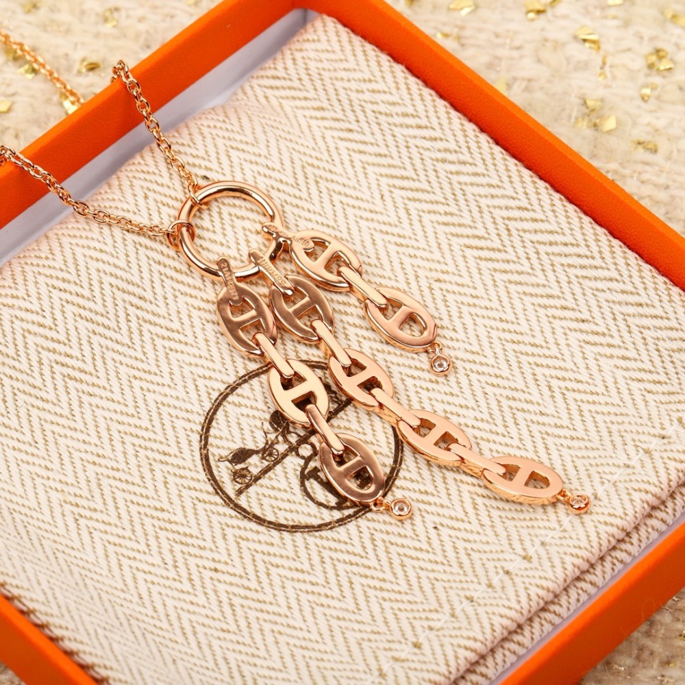 HERMES ROSE GOLD PAVED CRYSTAL H LINK NECKLACE