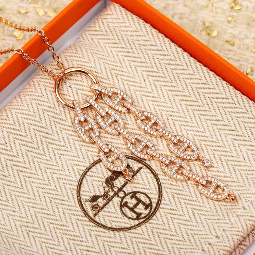 HERMES ROSE GOLD PAVED CRYSTAL H LINK NECKLACE