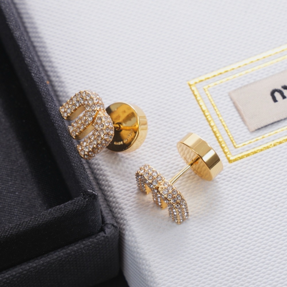 MIU MIU RHINESTONE M LETTER GOLD EARRINGS