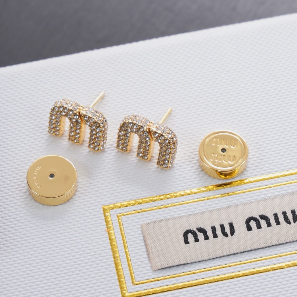 MIU MIU RHINESTONE M LETTER GOLD EARRINGS