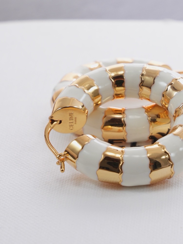 CELINE WHITE ENAMEL GOLD SEGMENTED HOOP EARRINGS TWO-TONE ROUND CIRCLE EARRINGS