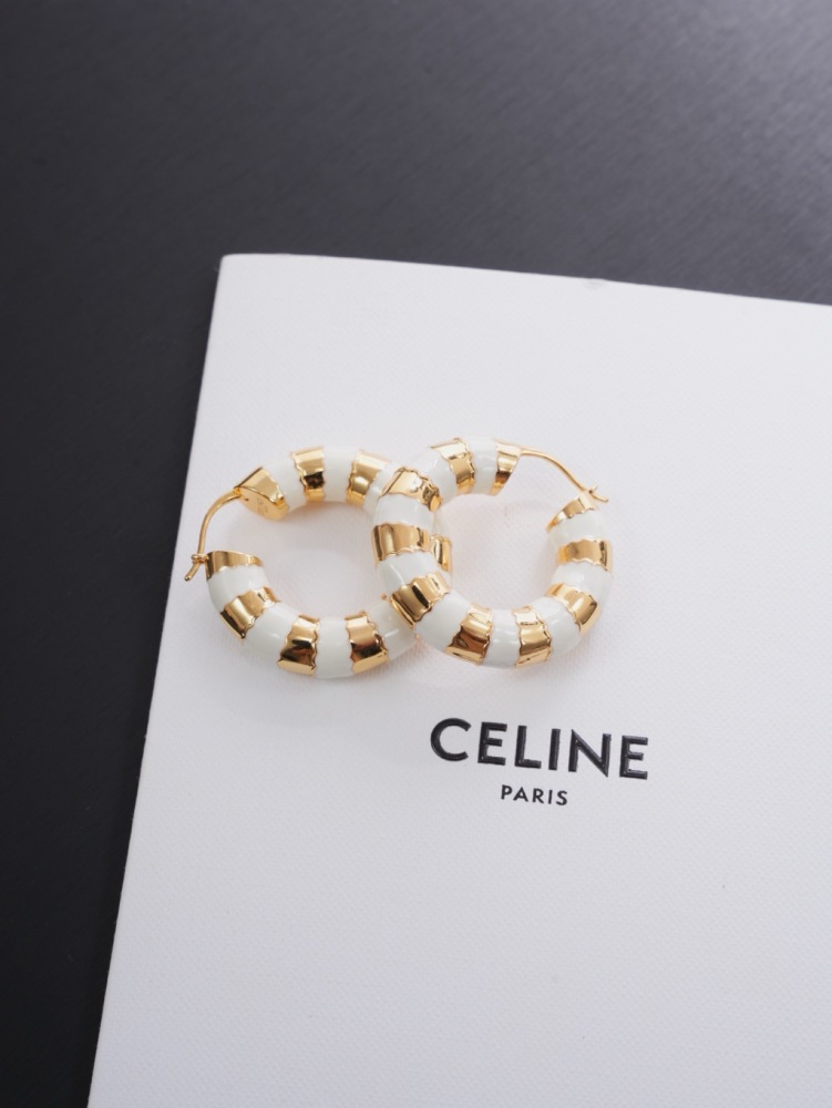 CELINE WHITE ENAMEL GOLD SEGMENTED HOOP EARRINGS TWO-TONE ROUND CIRCLE EARRINGS