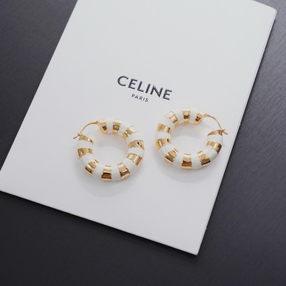 CELINE WHITE ENAMEL GOLD SEGMENTED HOOP EARRINGS TWO-TONE ROUND CIRCLE EARRINGS
