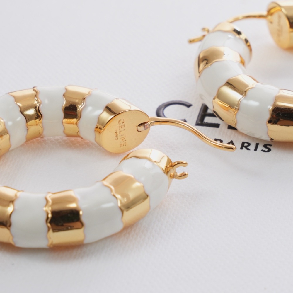 CELINE WHITE ENAMEL GOLD SEGMENTED HOOP EARRINGS TWO-TONE ROUND CIRCLE EARRINGS