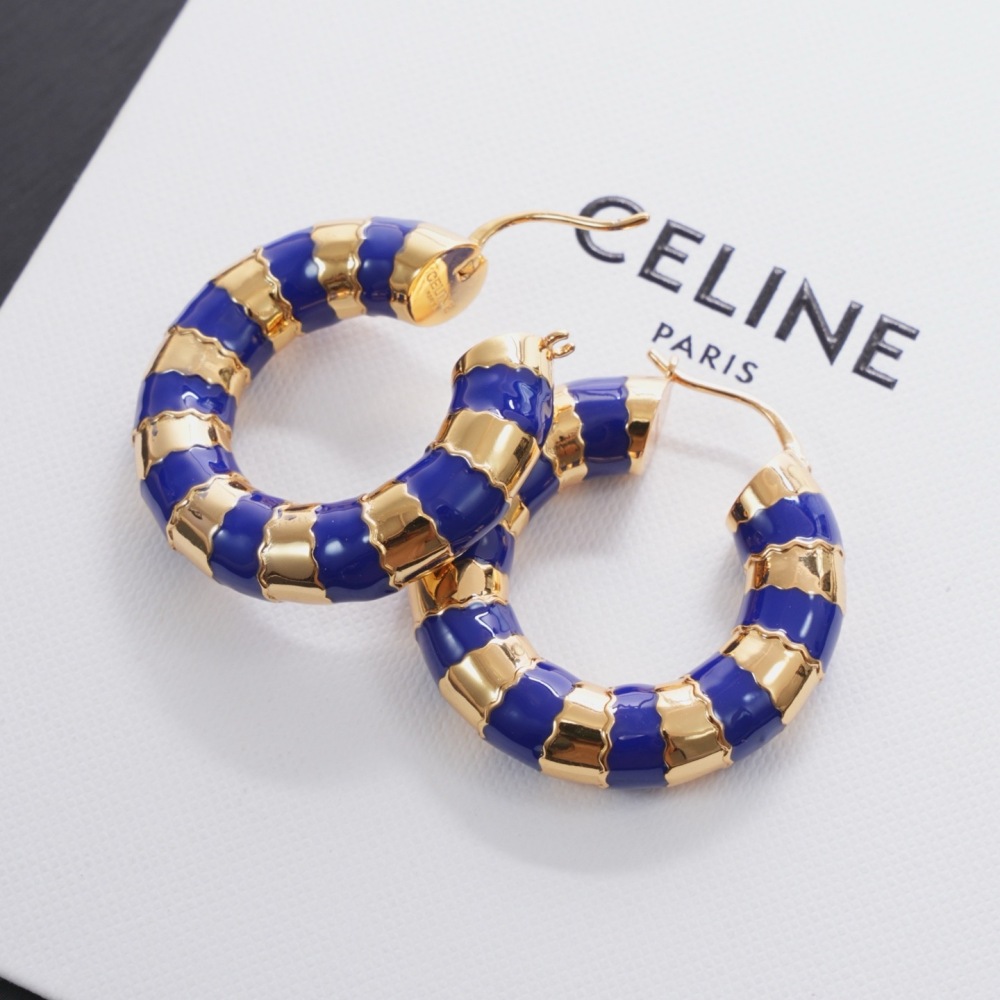 CELINE WHITE ENAMEL GOLD SEGMENTED HOOP EARRINGS TWO-TONE ROUND CIRCLE EARRINGS
