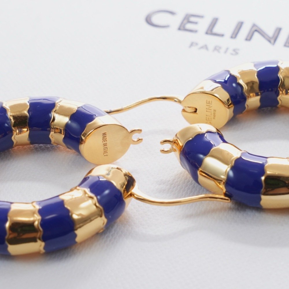 CELINE WHITE ENAMEL GOLD SEGMENTED HOOP EARRINGS TWO-TONE ROUND CIRCLE EARRINGS