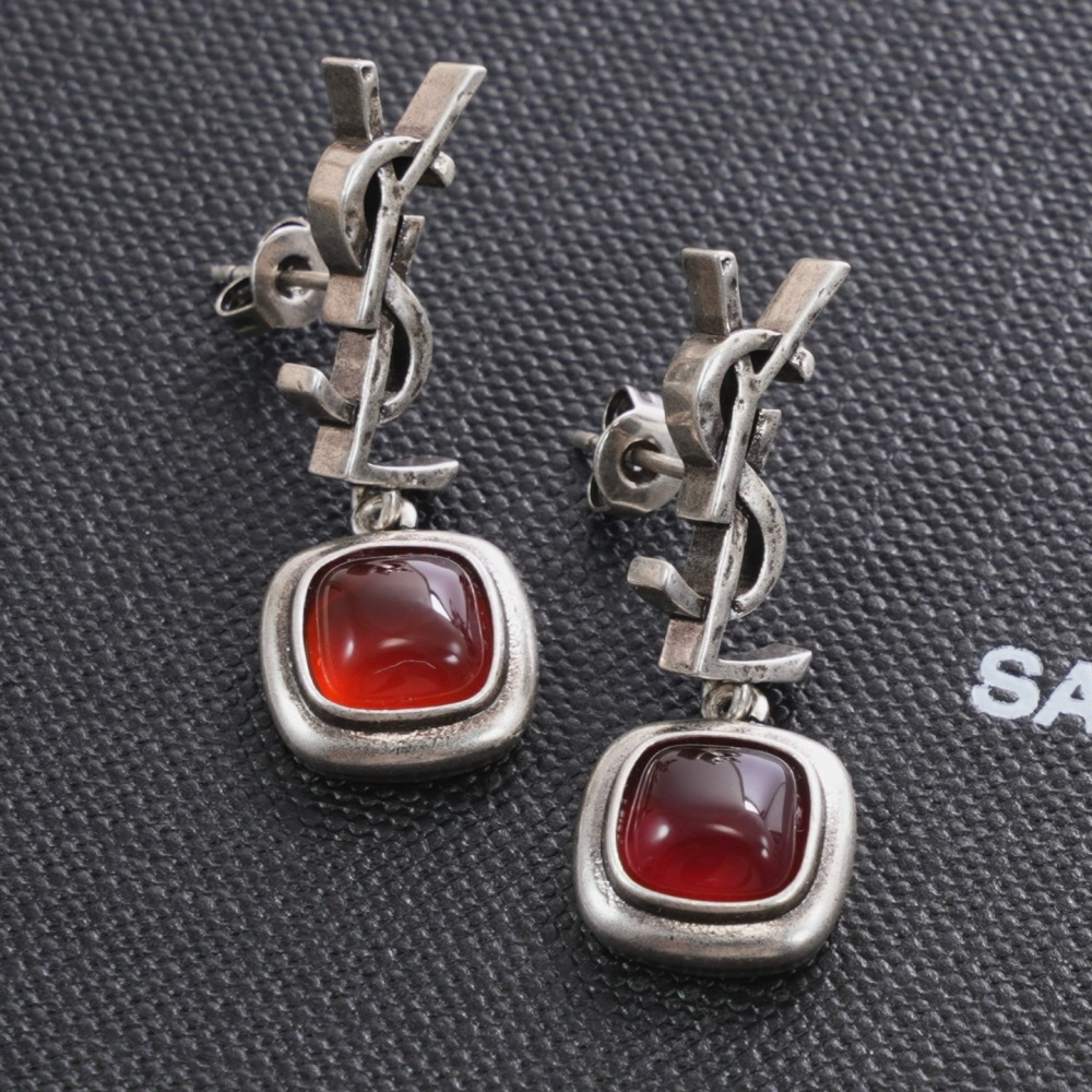 YSL VINTAGE SILVER YSL LOGO DROP EARRINGS WITH SQUARE RED AGATE PENDANT