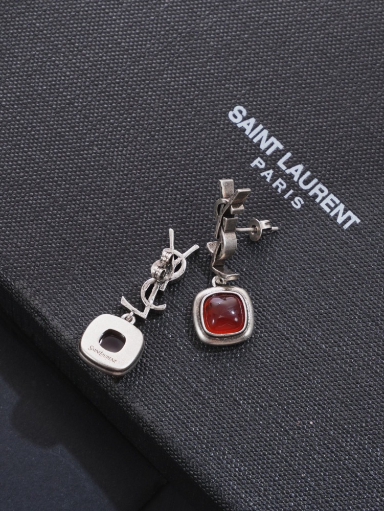 YSL VINTAGE SILVER YSL LOGO DROP EARRINGS WITH SQUARE RED AGATE PENDANT