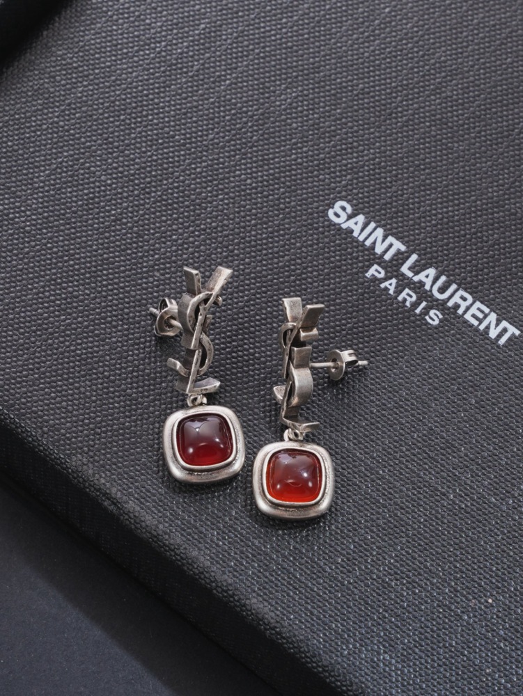 YSL VINTAGE SILVER YSL LOGO DROP EARRINGS WITH SQUARE RED AGATE PENDANT