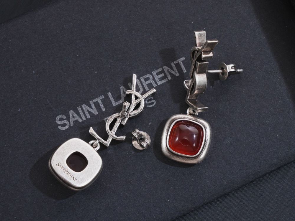 YSL VINTAGE SILVER YSL LOGO DROP EARRINGS WITH SQUARE RED AGATE PENDANT