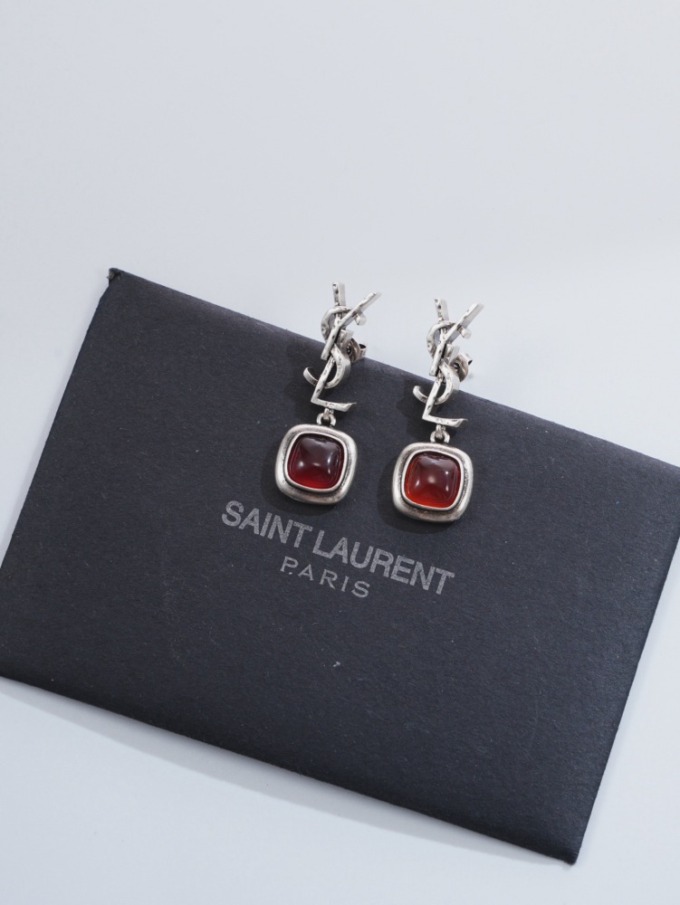 YSL VINTAGE SILVER YSL LOGO DROP EARRINGS WITH SQUARE RED AGATE PENDANT
