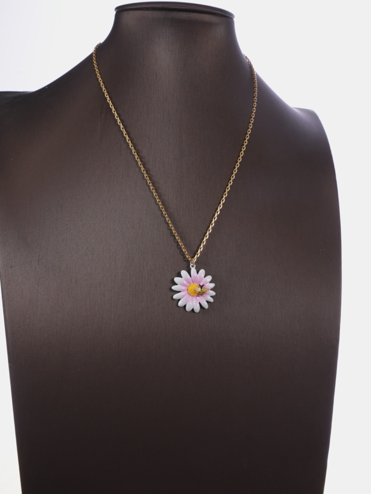 DIOR PINK DAISY BEE ENAMEL GOLD NECKLACE
