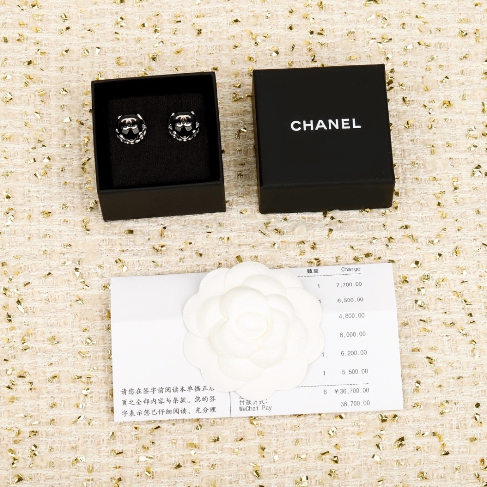 CHANEL BLACK ENAMEL CC LOGO SILVER STUD EARRINGS
