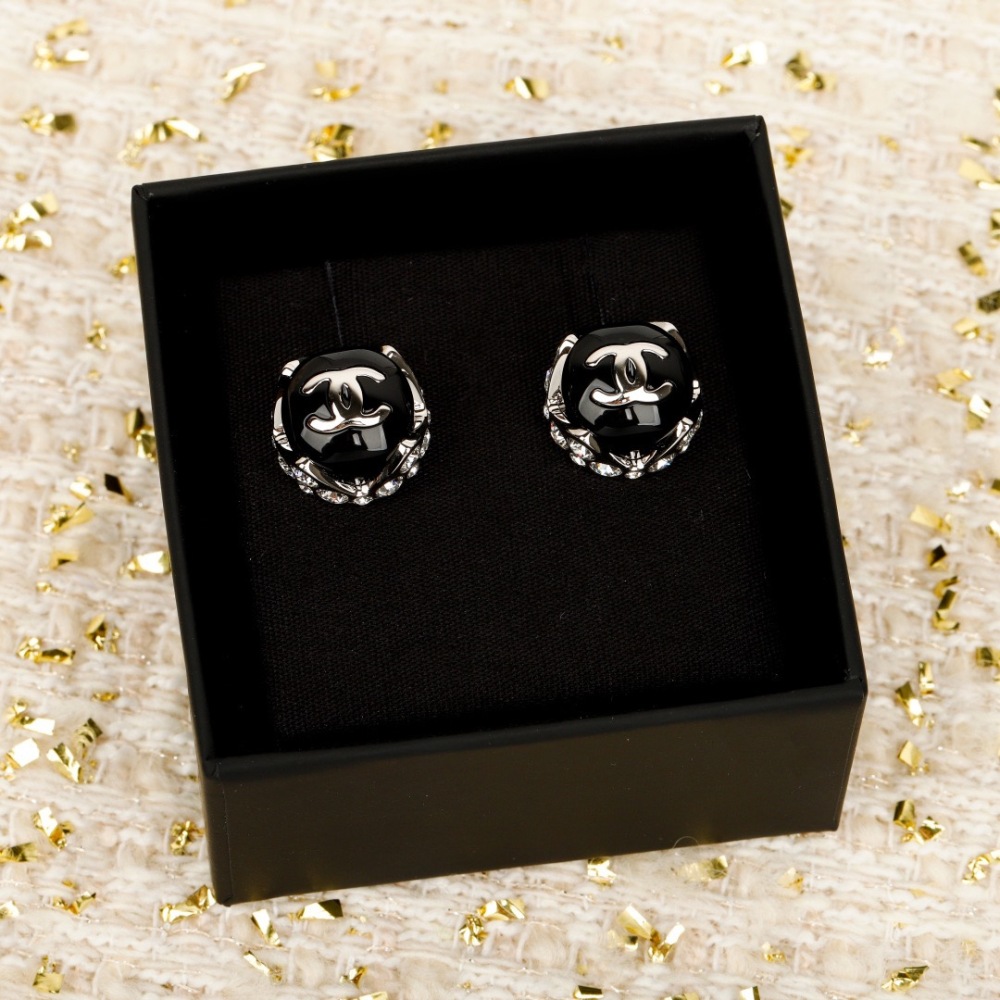 CHANEL BLACK ENAMEL CC LOGO SILVER STUD EARRINGS