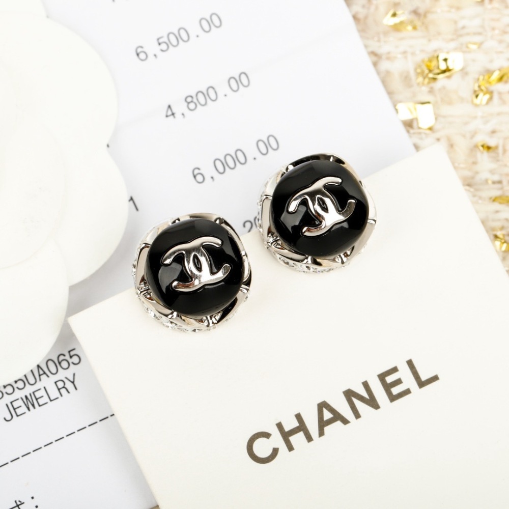 CHANEL BLACK ENAMEL CC LOGO SILVER STUD EARRINGS