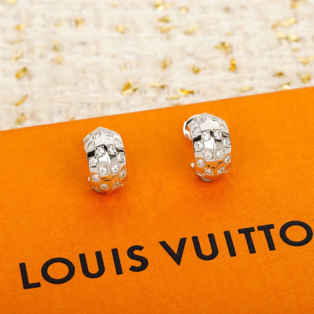 LV GRID FULL CRYSTAL SILVER HALF HOOP EARRINGS