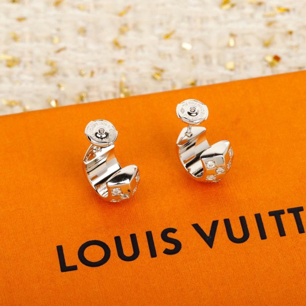 LV GRID FULL CRYSTAL SILVER HALF HOOP EARRINGS