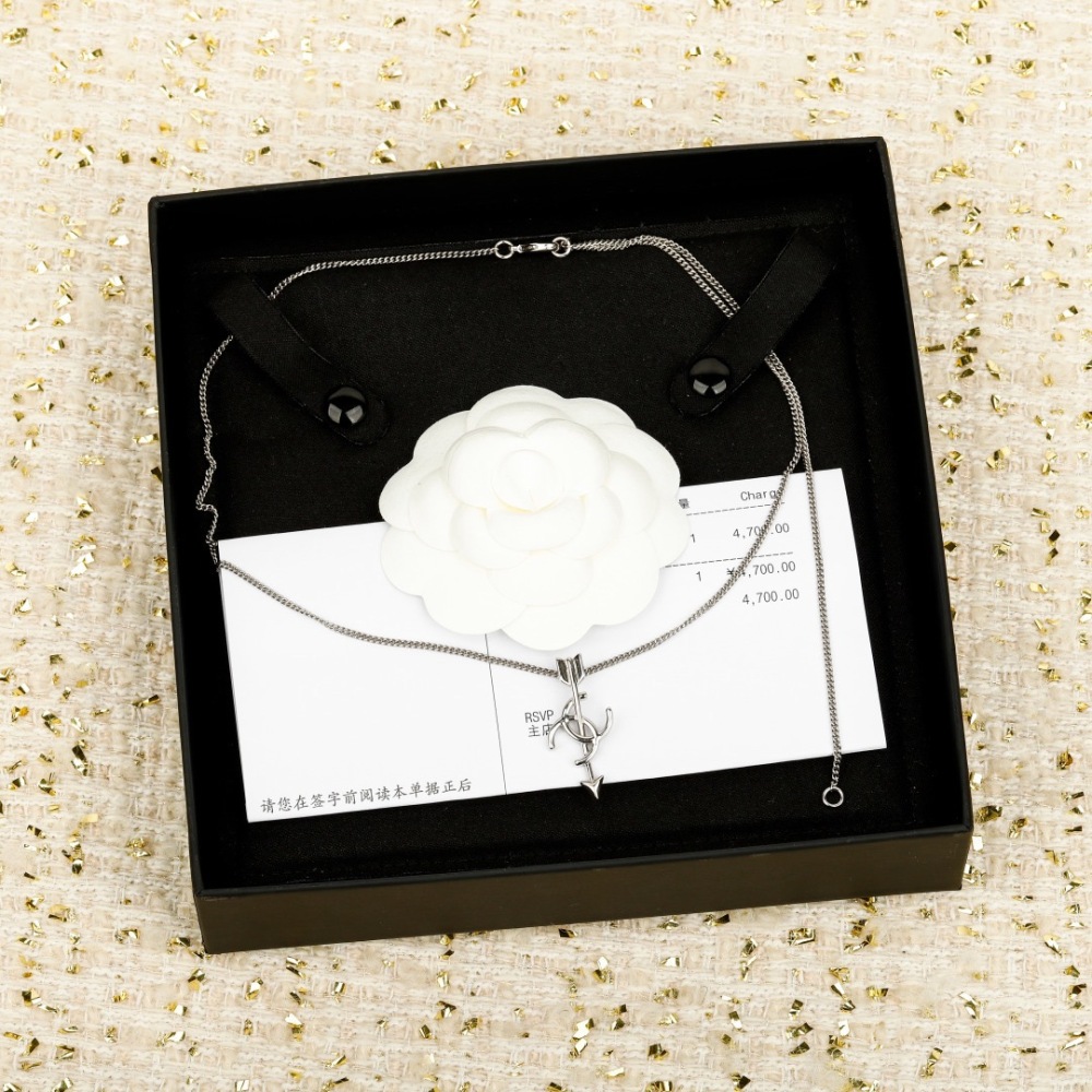 CHANEL ARROW DOUBLE C SILVER DOUBLE CHAIN NECKLACE