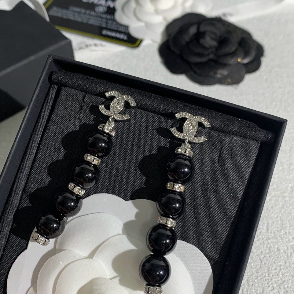 CHANEL CC CRYSTAL LONG PEARL DROP EARRINGS