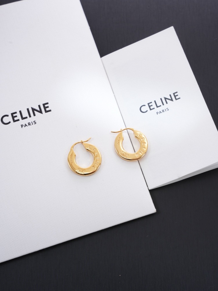 CELINE TRIOMPHE ENGRAVED GOLD HOOP EARRINGS